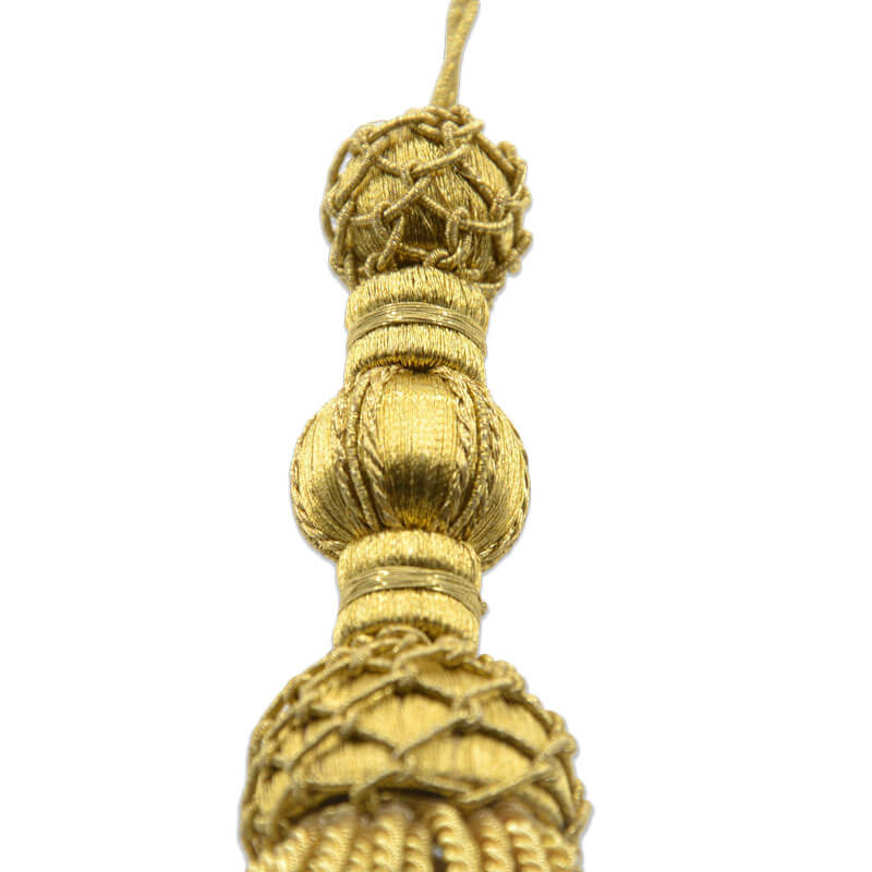 Borla decorativa en oro con fleco de hilo metálico
