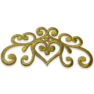 Aplique bordado ornamental de 9 cm en color oro para confección