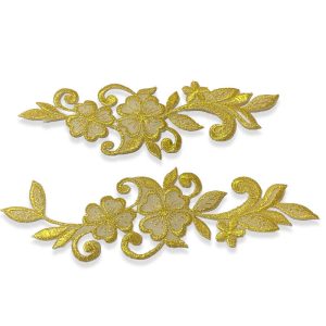 Pareja de apliques bordados florales de 18 cm en color oro