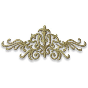 Aplique decorativo textil dorado con diseño simétrico elegante