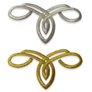 Aplique bordado ornamental arabesco de 13 cm disponible en color oro y plata