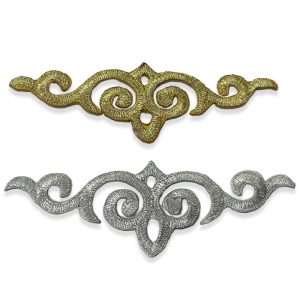 Aplique bordado ornamental de 12,5 cm disponible en oro y plata