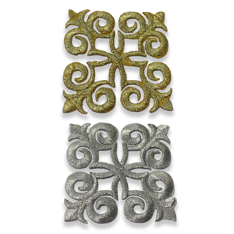 Aplique bordado ornamental de 6 cm disponible en oro y plata