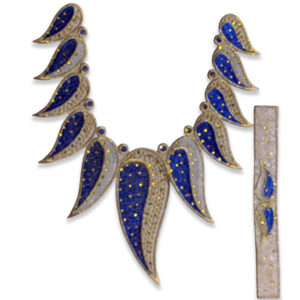 Aplique para cuello azul y oro con diseño de hojas bordadas