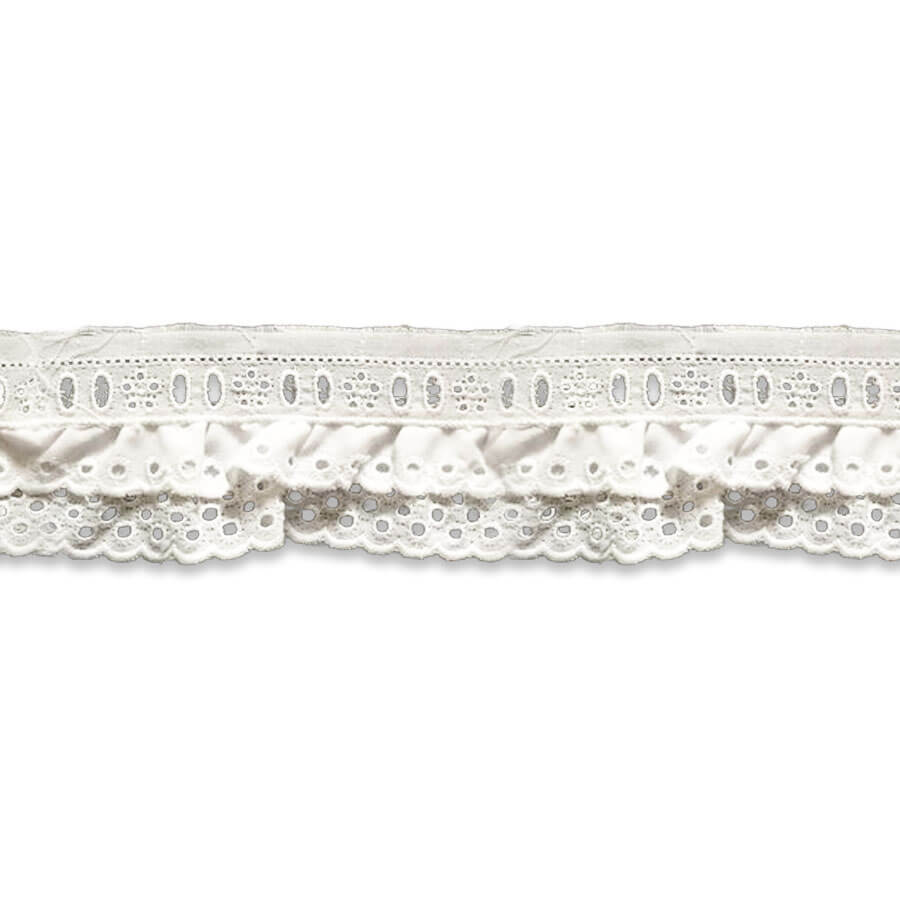 Tira bordada doble fruncida blanca con bordado calado