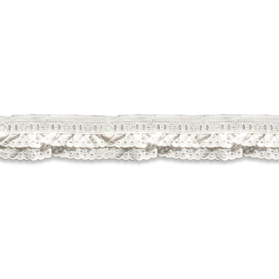 Tira bordada doble fruncida blanca con bordado calado