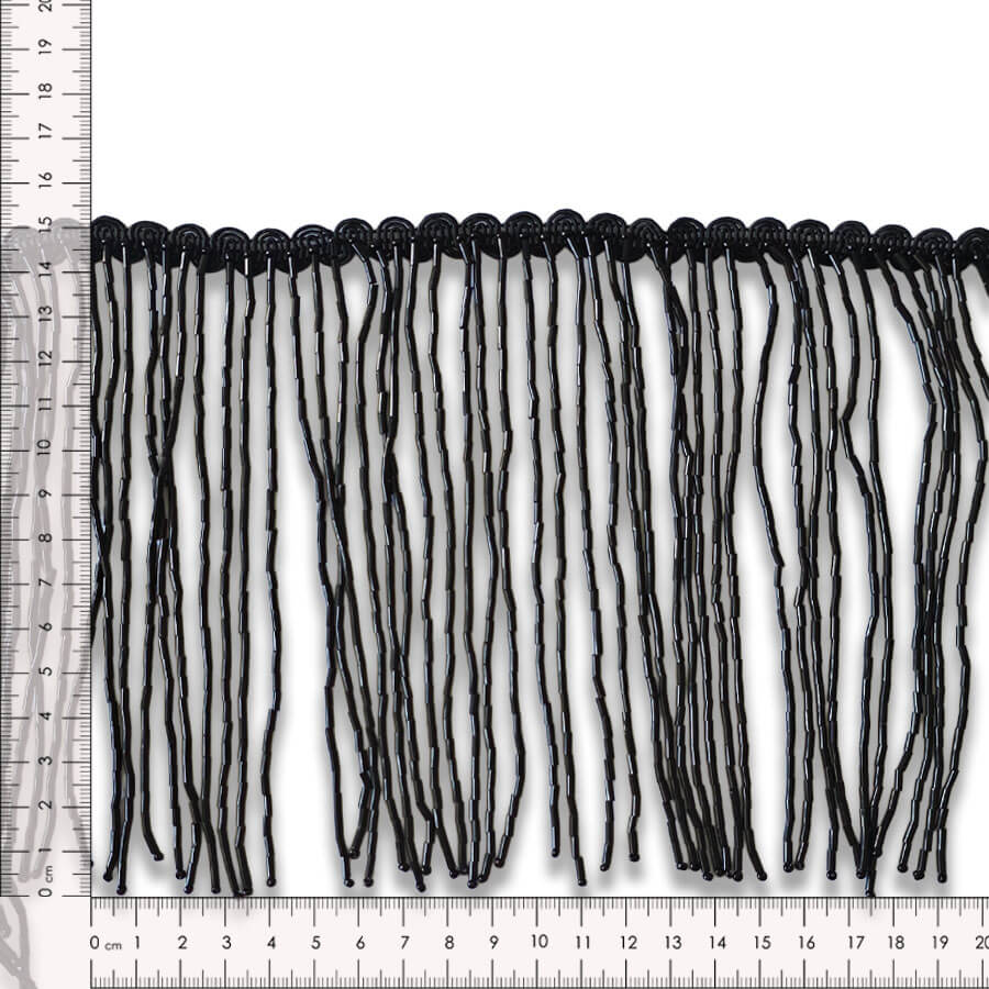 Fleco de canutillos negros de 15 cm para confección profesional